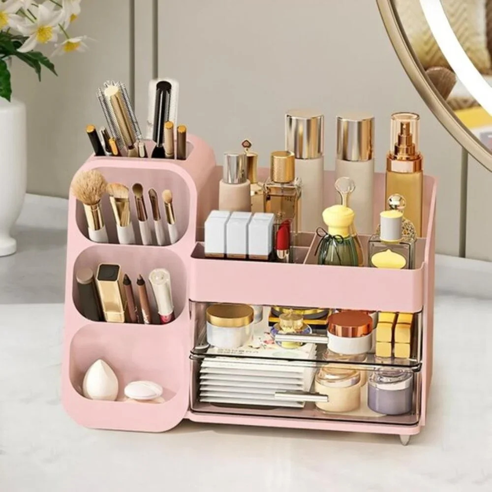 New Large Makeup Organizer, Vanity Storage with Brush Holder & Drawers for Women